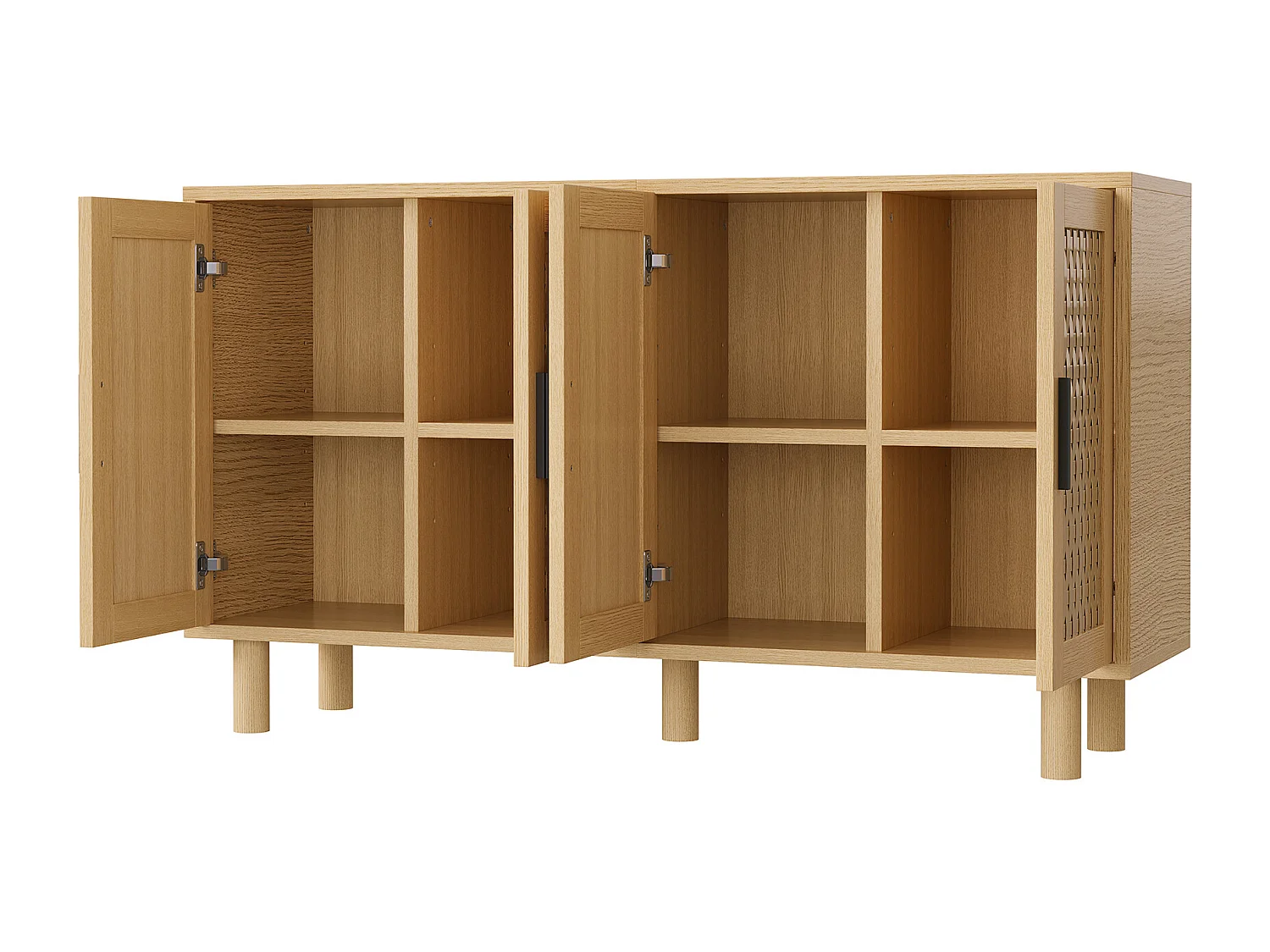 Buffet 4 Portes Chambre, Cadre en Bois, Commode en Rotin Buffet pour Salon, Entrée, 140x40x80 cm, Chêne