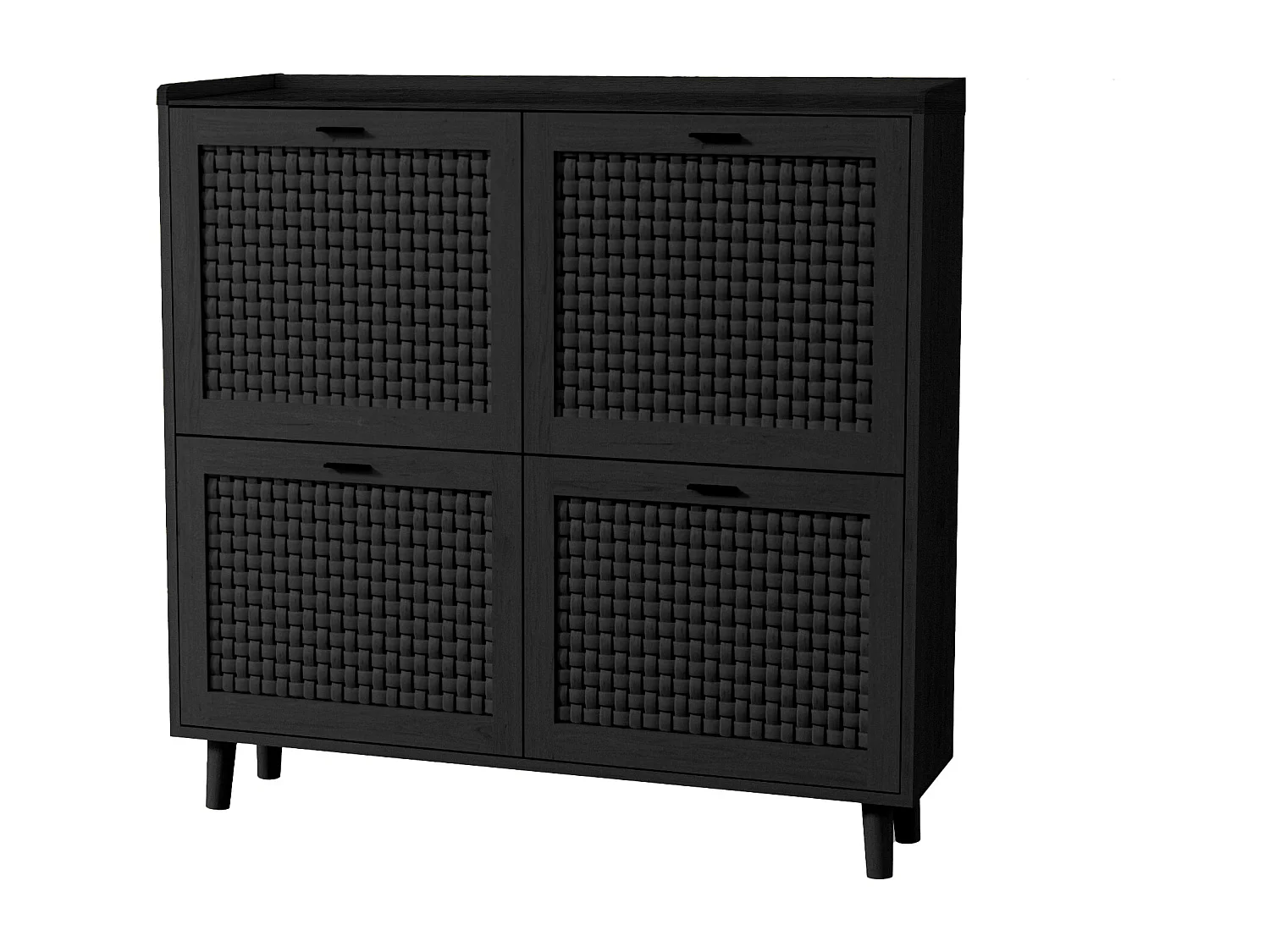 Meuble Chaussure Entree, 100×24×95 cm, Armoire à chaussures en bois et rotin, avec 4 portes, Noir