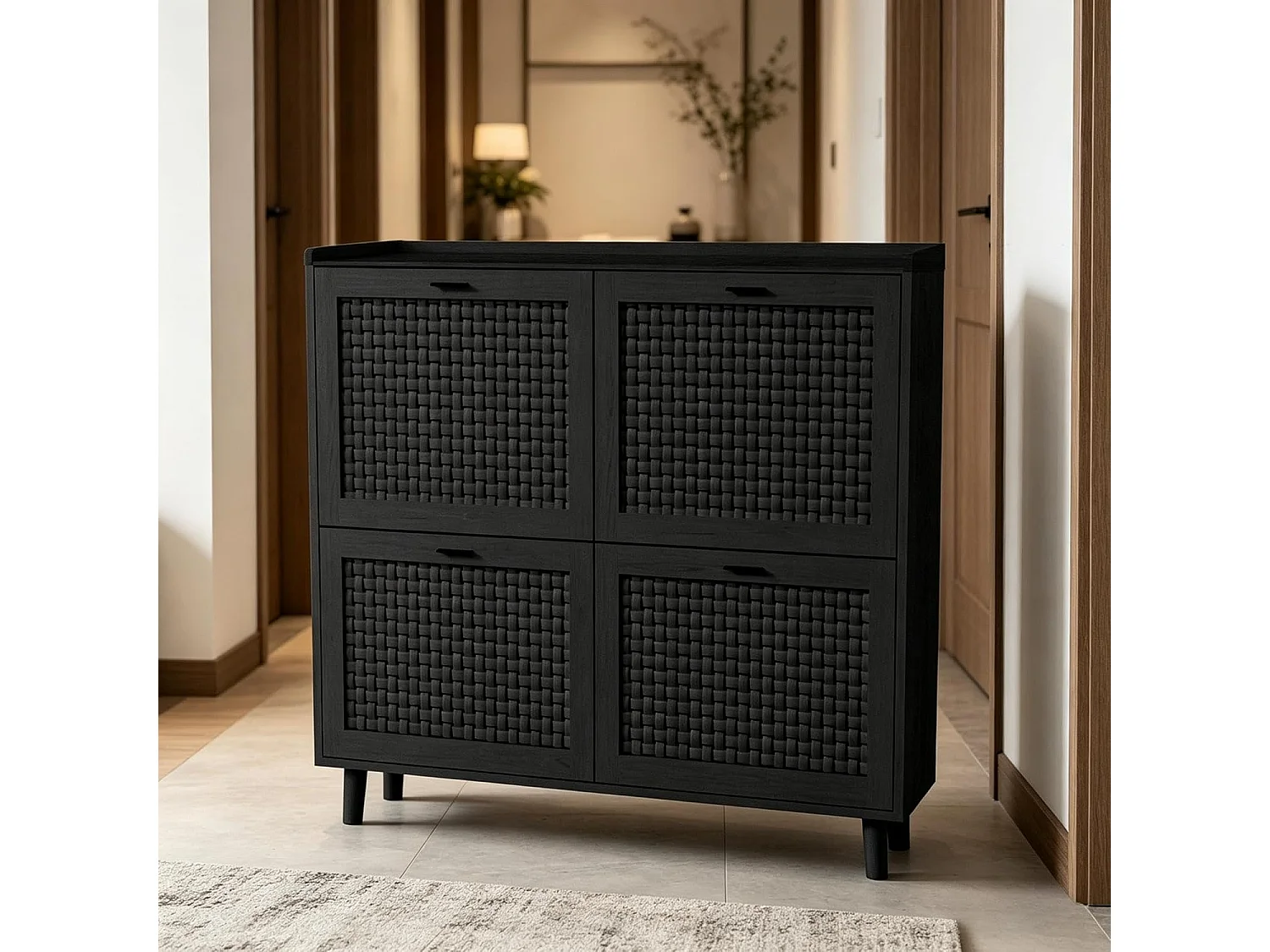 Meuble Chaussure Entree, 100×24×95 cm, Armoire à chaussures en bois et rotin, avec 4 portes, Noir