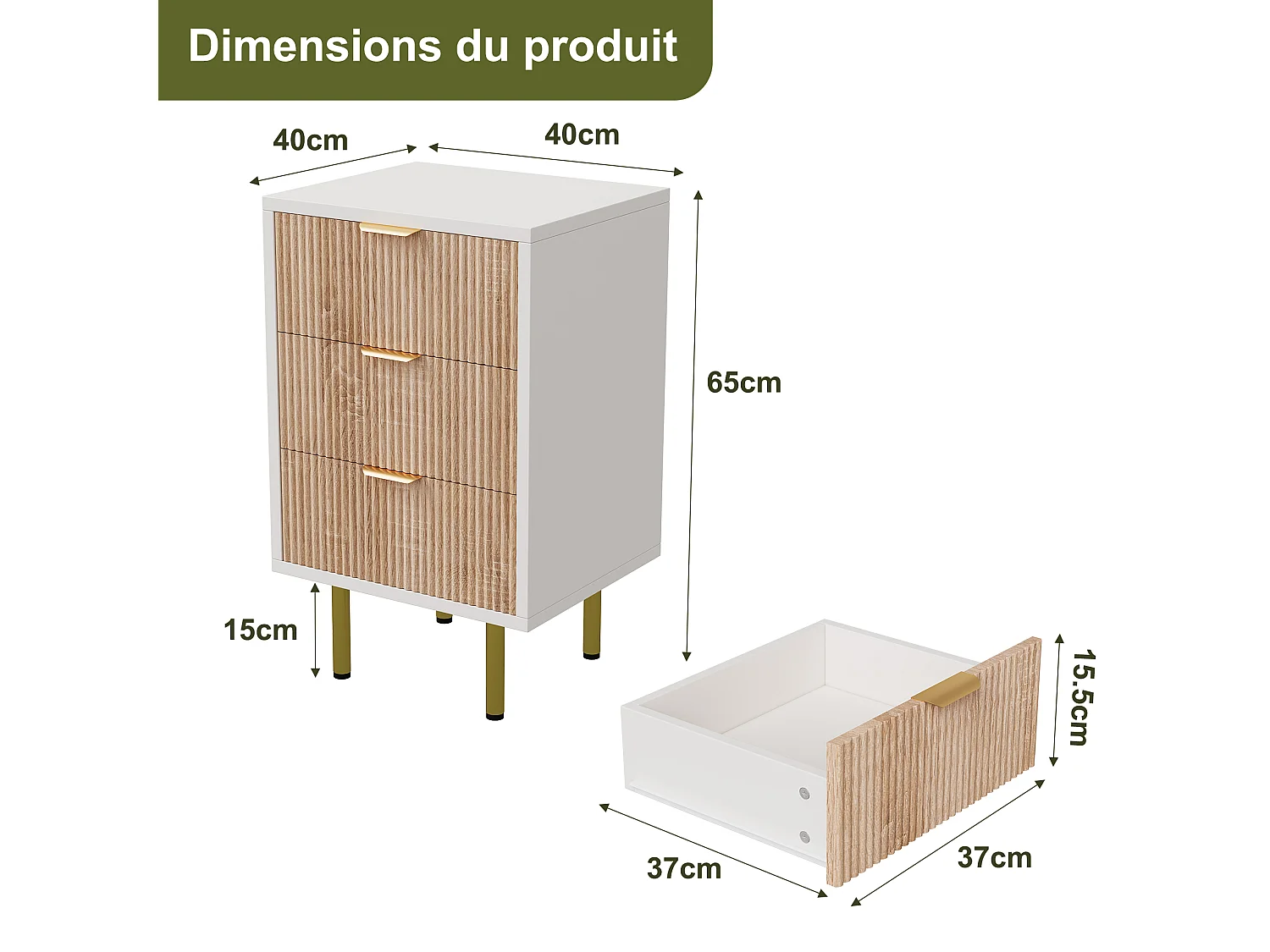 Table de Chevet avec 3 Tiroirs Lot de 2, bohème Table de Nuit en Bois avec poignée en métal, 40x40x65 cm, Bois
