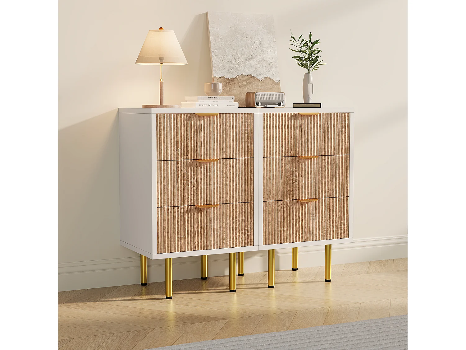 Table de Chevet avec 3 Tiroirs Lot de 2, bohème Table de Nuit en Bois avec poignée en métal, 40x40x65 cm, Bois