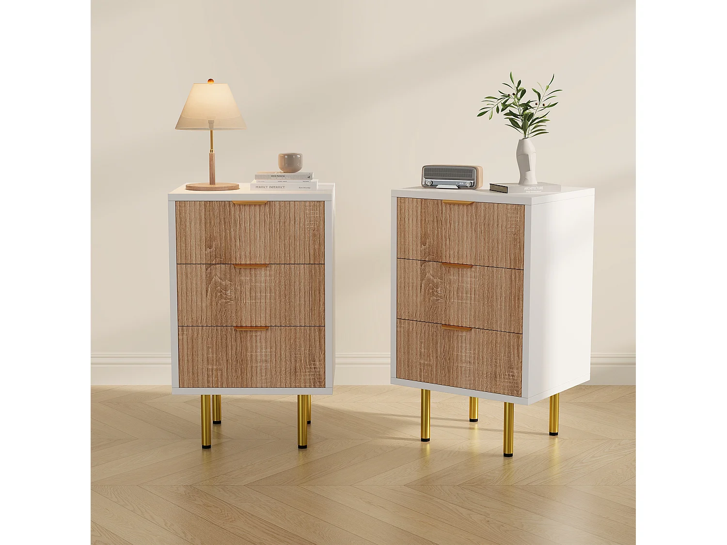 Table de Chevet avec 3 Tiroirs Lot de 2, bohème Table de Nuit en Bois avec poignée en métal, 40x40x65 cm, Bois