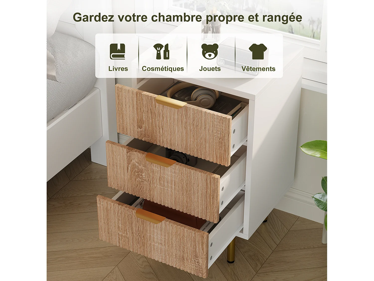 Table de Chevet avec 3 Tiroirs Lot de 2, bohème Table de Nuit en Bois avec poignée en métal, 40x40x65 cm, Bois