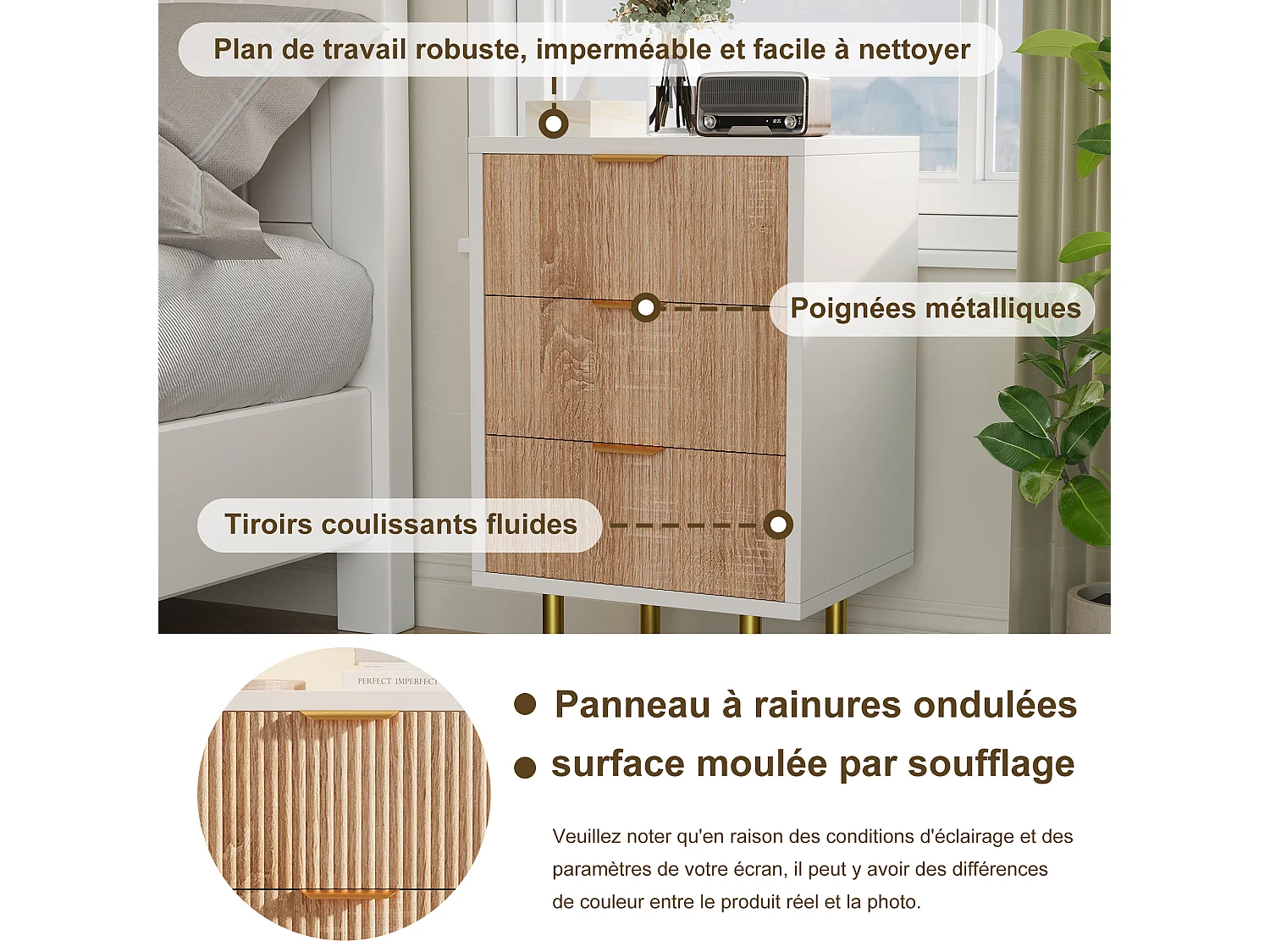 Table de Chevet avec 3 Tiroirs Lot de 2, bohème Table de Nuit en Bois avec poignée en métal, 40x40x65 cm, Bois