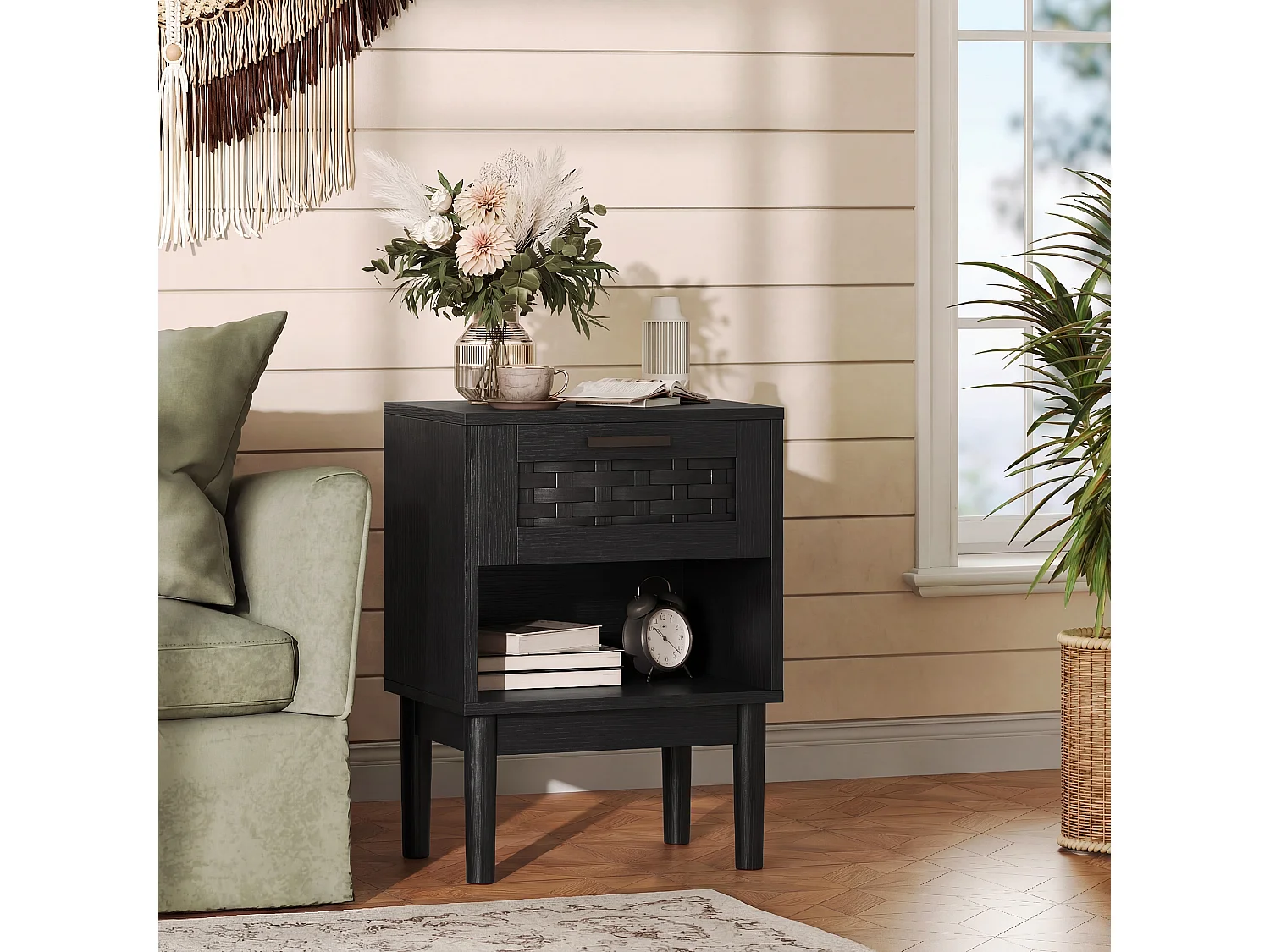 Lot de 2 tables de chevet avec tiroir et étagère ouverte, table basse, 40 x 30 x 55 cm, Noir