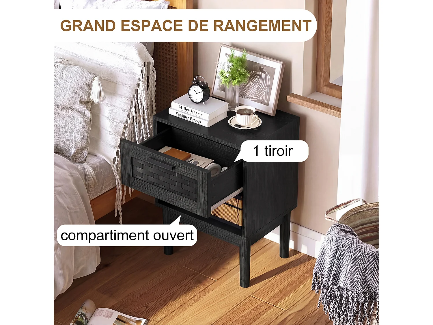 Lot de 2 tables de chevet avec tiroir et étagère ouverte, table basse, 40 x 30 x 55 cm, Noir