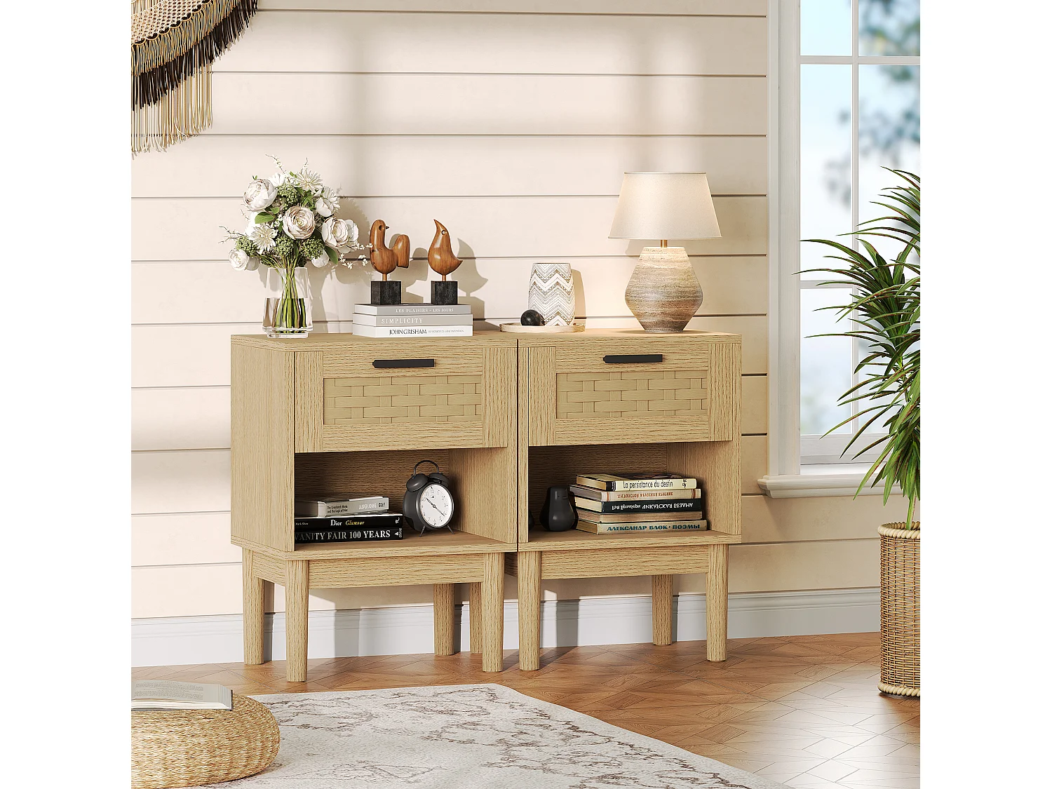 Lot de 2 tables de chevet avec tiroir et étagère ouverte, table basse, 40 x 30 x 55 cm, couleur chêne