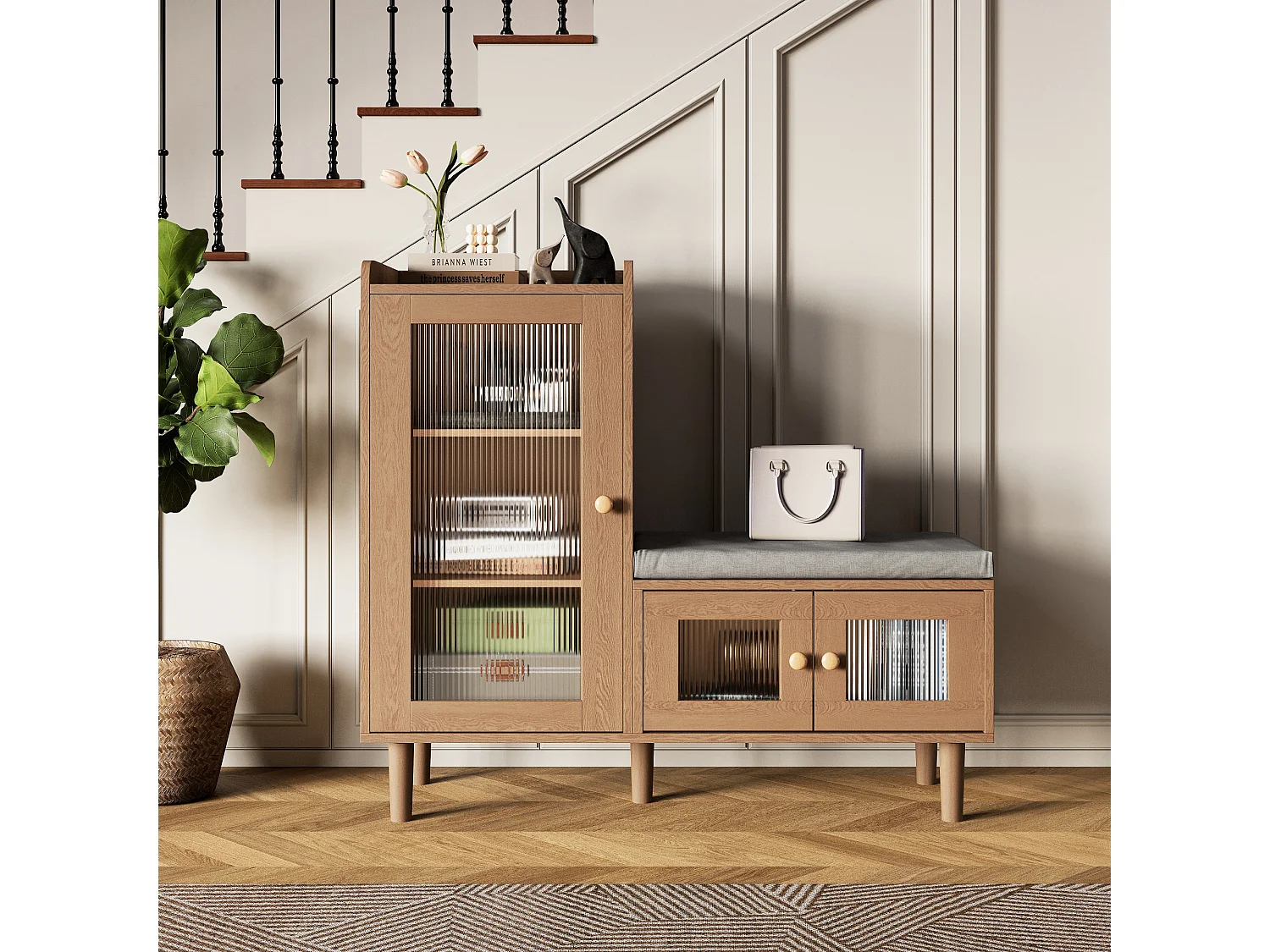 Scarpiera con anta a ribalta e sedile, scarpiera con sgabello e scomparto, 100 x 30 x 69,5 cm, naturale