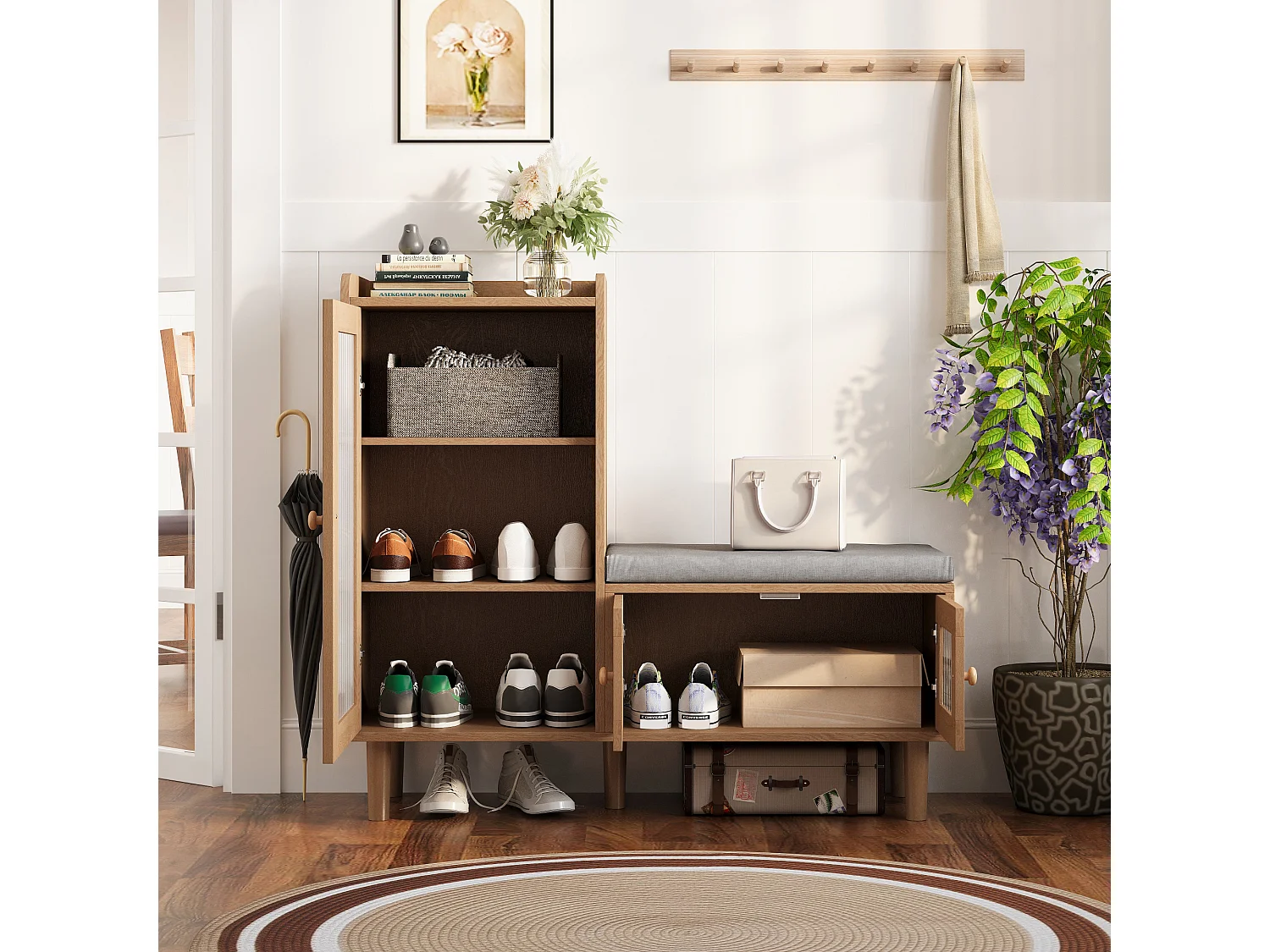 Scarpiera con anta a ribalta e sedile, scarpiera con sgabello e scomparto, 100 x 30 x 69,5 cm, naturale