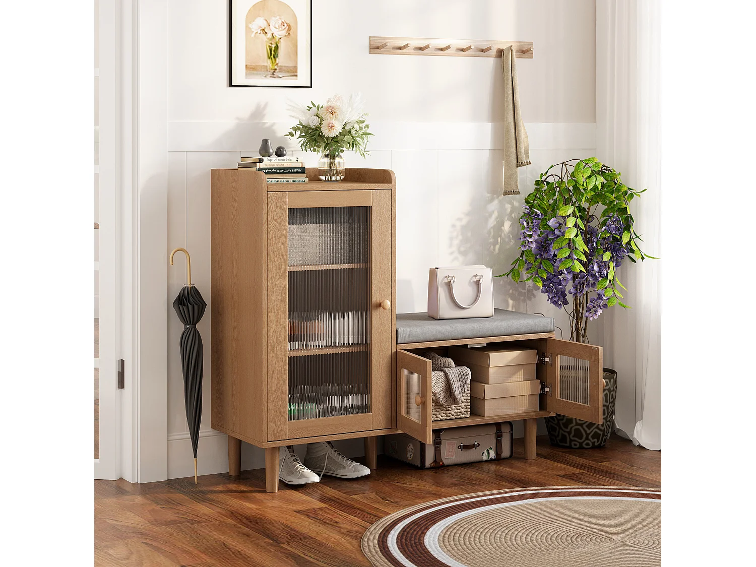 Scarpiera con anta a ribalta e sedile, scarpiera con sgabello e scomparto, 100 x 30 x 69,5 cm, naturale