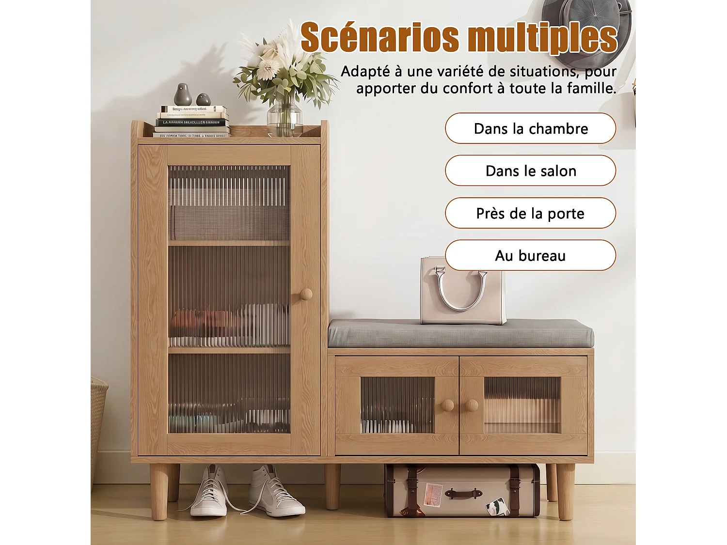 Scarpiera con anta a ribalta e sedile, scarpiera con sgabello e scomparto, 100 x 30 x 69,5 cm, naturale