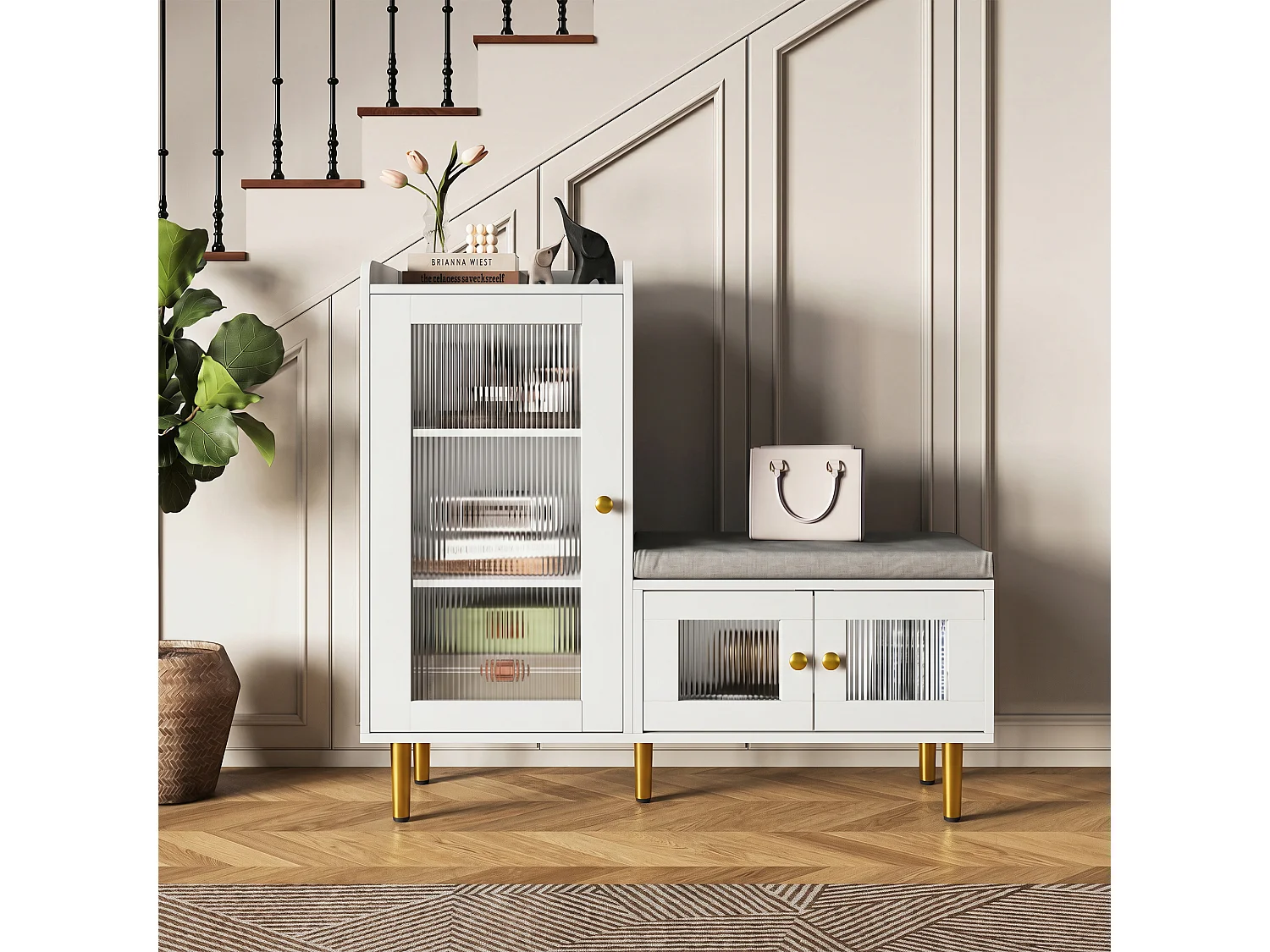 Scarpiera con anta a ribalta e sedile, scarpiera con sgabello e scomparto, 100 x 30 x 69,5 cm, bianca