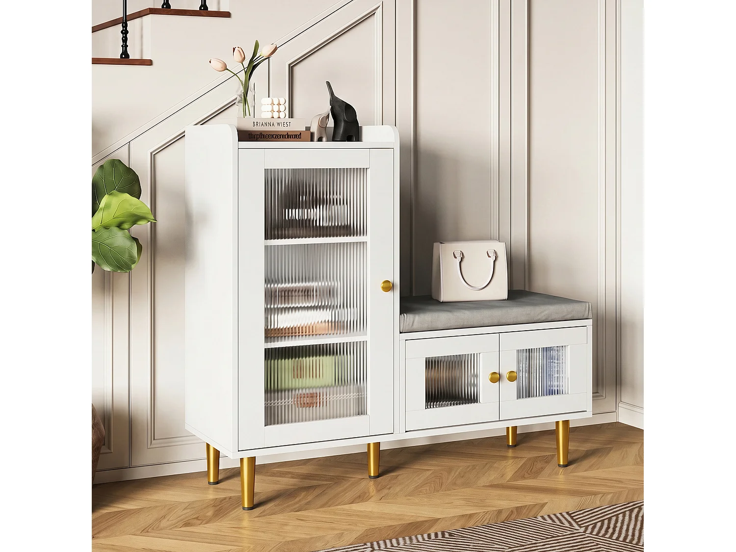 Scarpiera con anta a ribalta e sedile, scarpiera con sgabello e scomparto, 100 x 30 x 69,5 cm, bianca