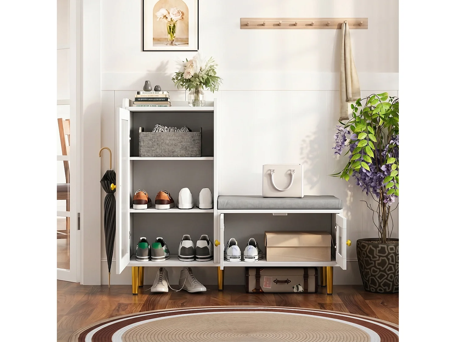 Scarpiera con anta a ribalta e sedile, scarpiera con sgabello e scomparto, 100 x 30 x 69,5 cm, bianca