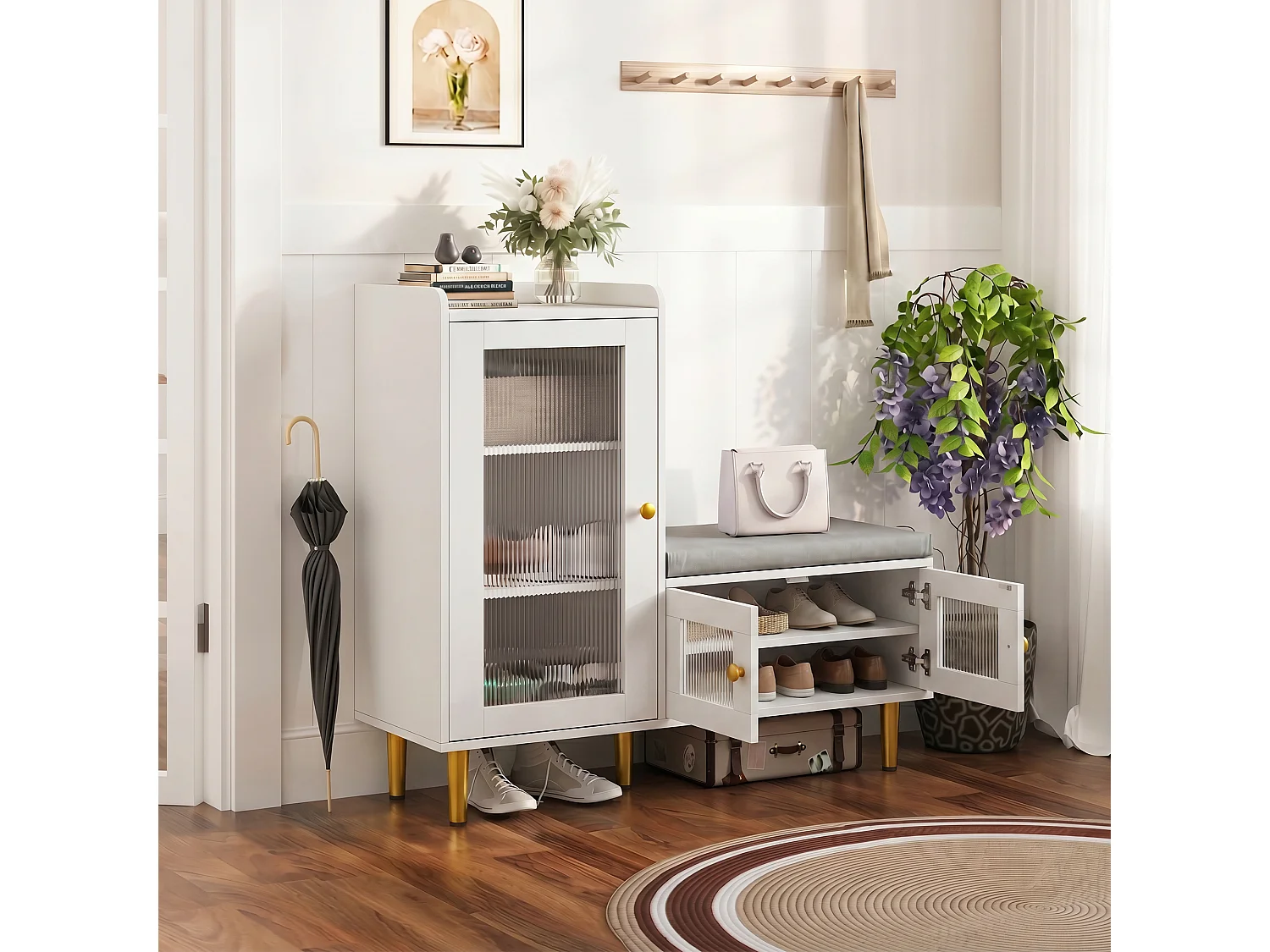 Scarpiera con anta a ribalta e sedile, scarpiera con sgabello e scomparto, 100 x 30 x 69,5 cm, bianca