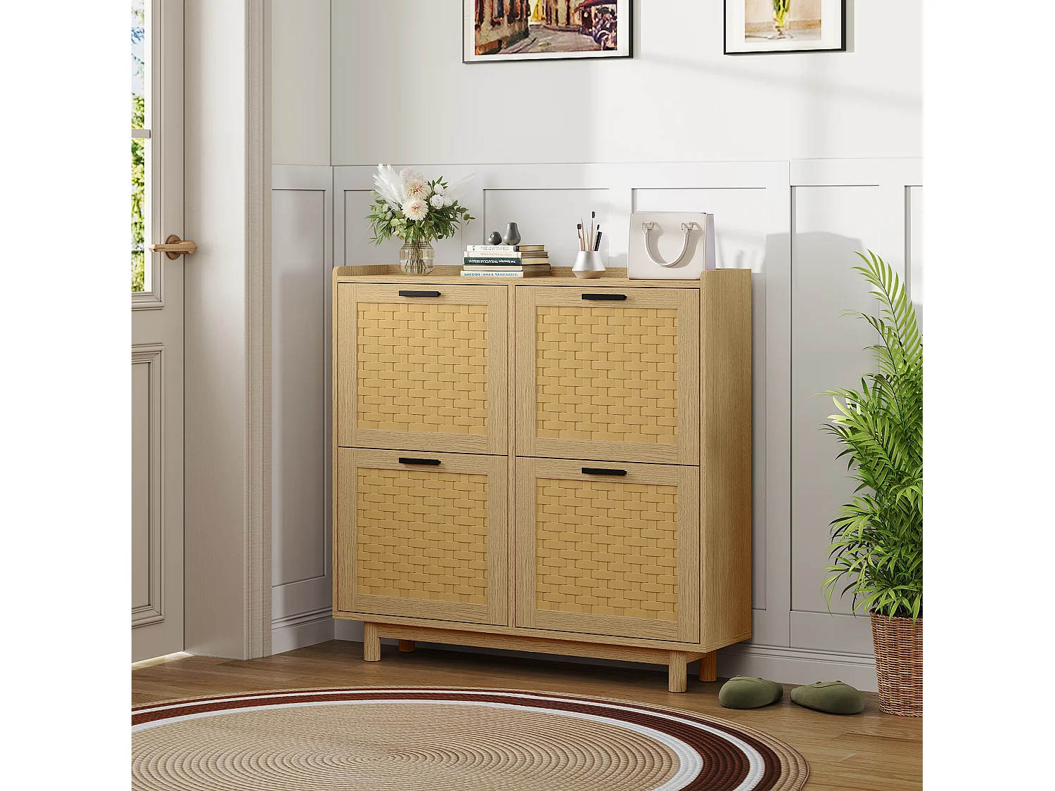Meuble Chaussure Entree, 100×24×95 cm, Armoire à chaussures en bois et rotin, avec 4 portes, Bois