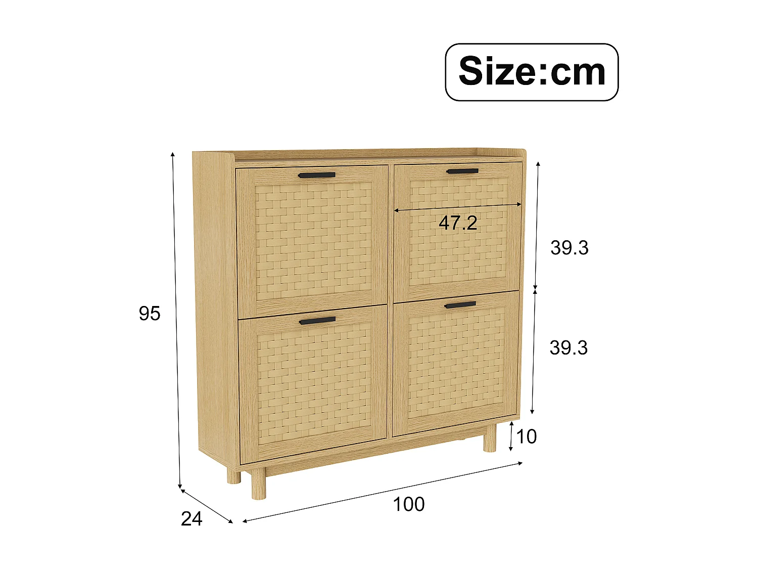 Meuble Chaussure Entree, 100×24×95 cm, Armoire à chaussures en bois et rotin, avec 4 portes, Bois