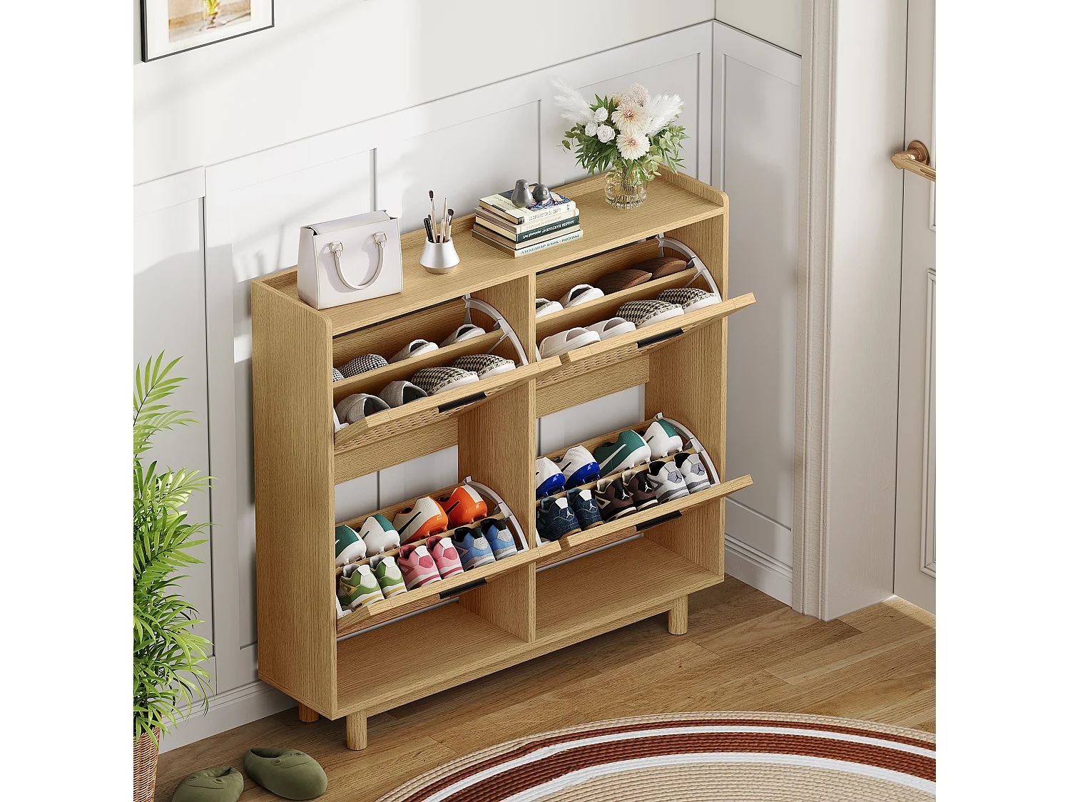 Meuble Chaussure Entree, 100×24×95 cm, Armoire à chaussures en bois et rotin, avec 4 portes, Bois