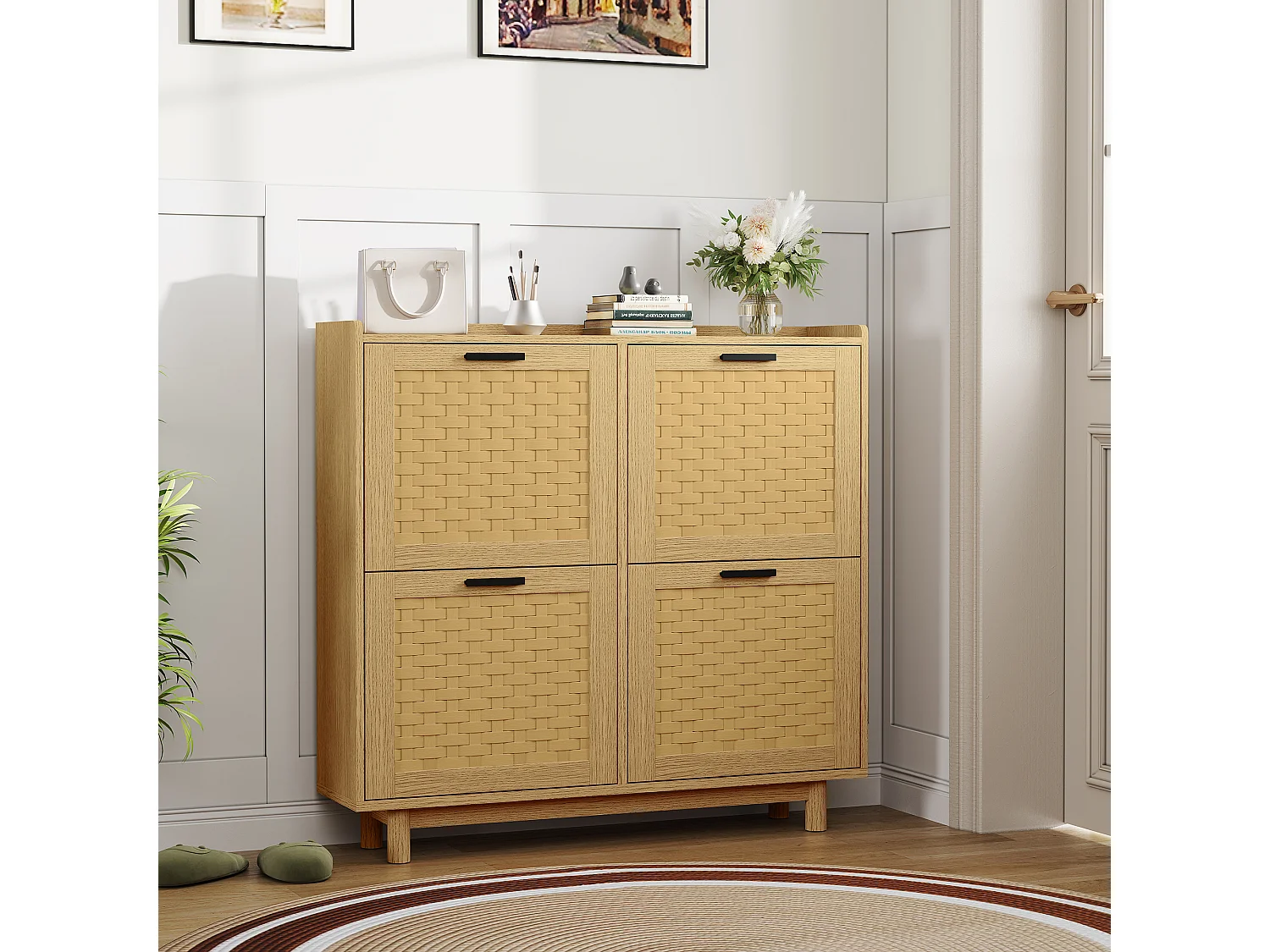 Meuble Chaussure Entree, 100×24×95 cm, Armoire à chaussures en bois et rotin, avec 4 portes, Bois