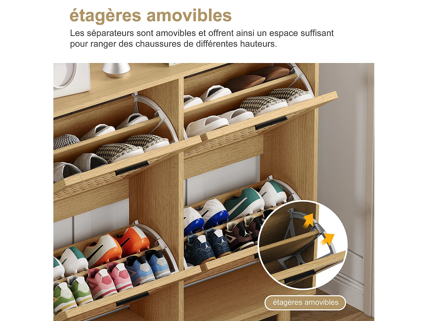 Meuble Chaussure Entree, 100×24×95 cm, Armoire à chaussures en bois et rotin, avec 4 portes, Bois