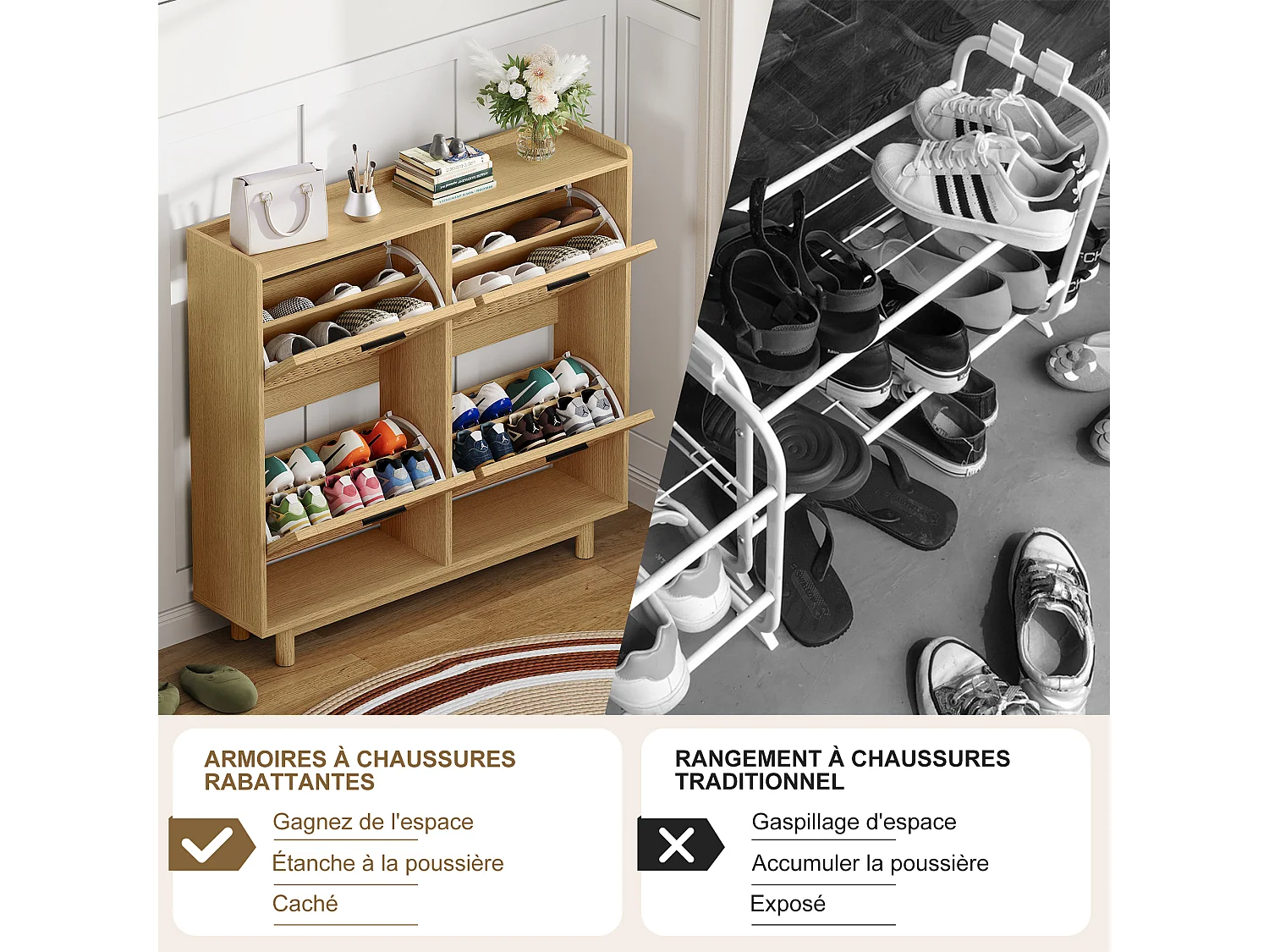 Meuble Chaussure Entree, 100×24×95 cm, Armoire à chaussures en bois et rotin, avec 4 portes, Bois