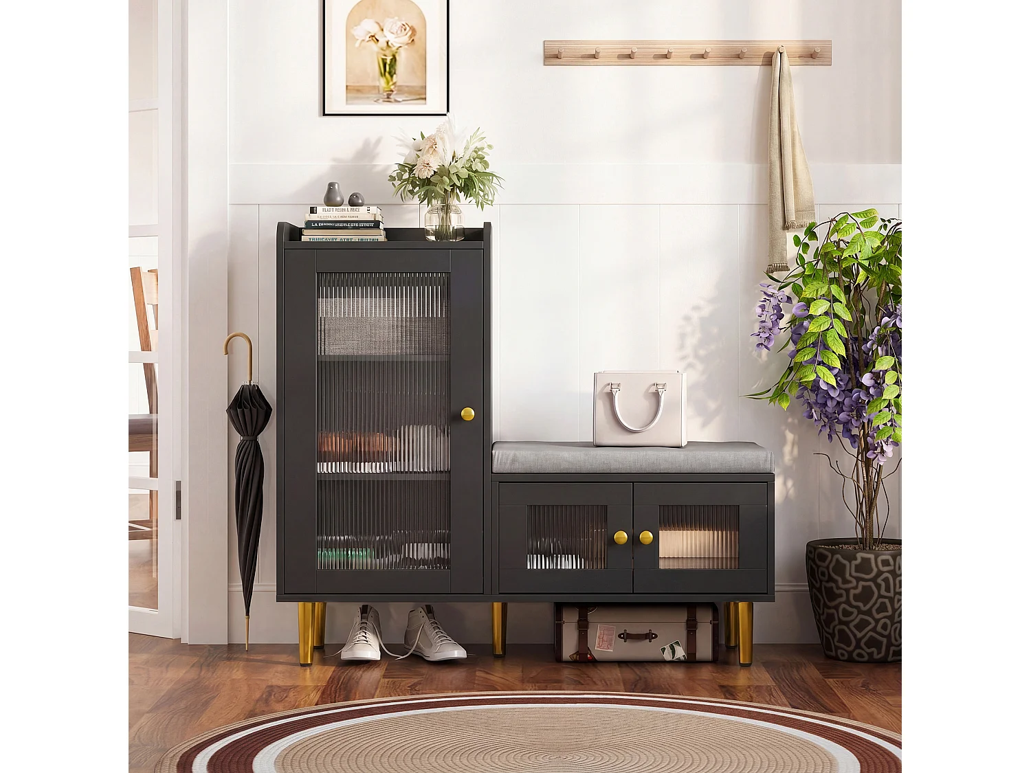 Scarpiera con anta a ribalta e sedile, scarpiera con sgabello e scomparto, 100 x 30 x 69,5 cm, nera