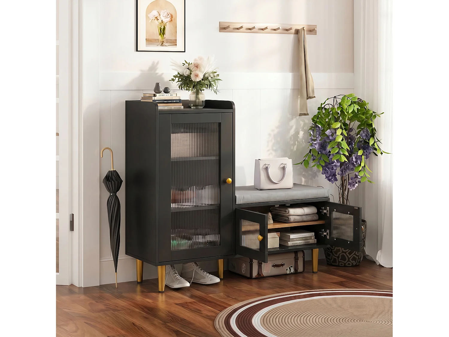 Scarpiera con anta a ribalta e sedile, scarpiera con sgabello e scomparto, 100 x 30 x 69,5 cm, nera