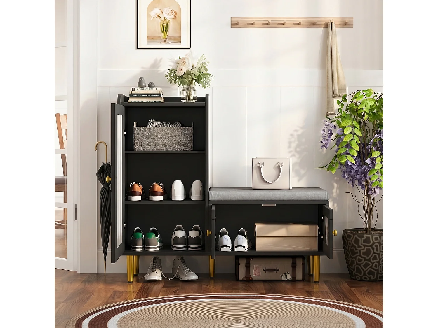Scarpiera con anta a ribalta e sedile, scarpiera con sgabello e scomparto, 100 x 30 x 69,5 cm, nera