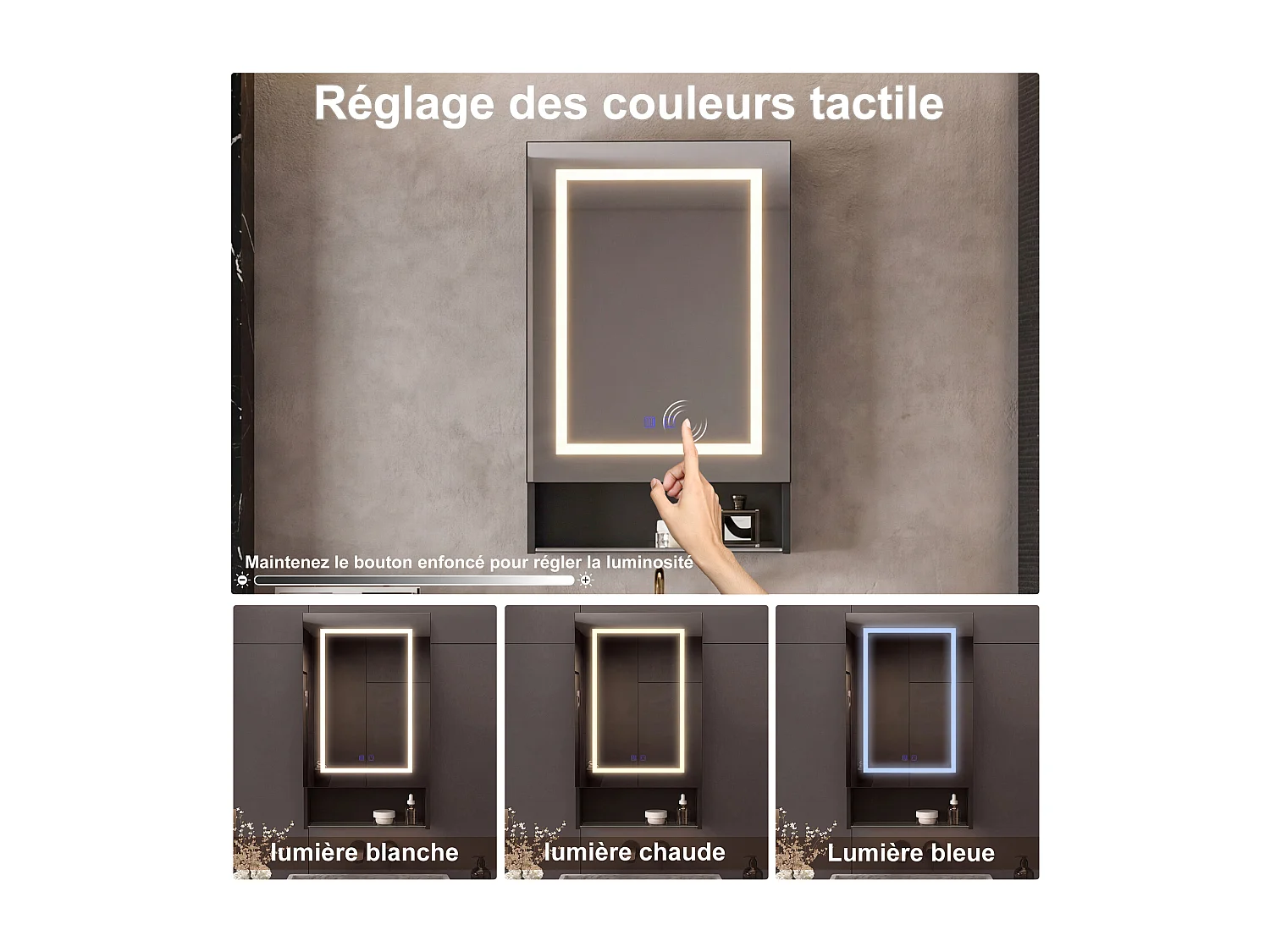 Miroir de Salle de Bain avec LED, Armoire de Toilette Miroir avec 3 étagère Réglables, 50x88x16 cm, Blanc