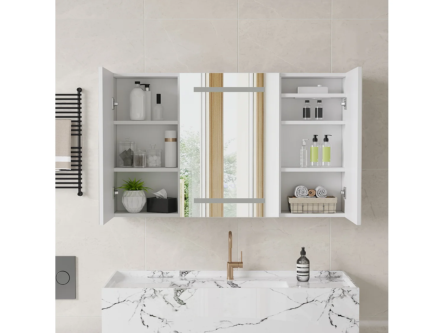Badkamerspiegel met verlichting, badkamerspiegelkast met 3 deuren en verstelbare plank, 100x60x13cm, wit