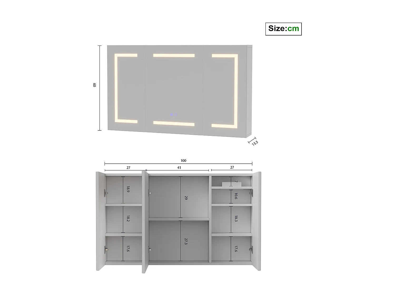 Badkamerspiegel met verlichting, badkamerspiegelkast met 3 deuren en verstelbare plank, 100x60x13cm, wit