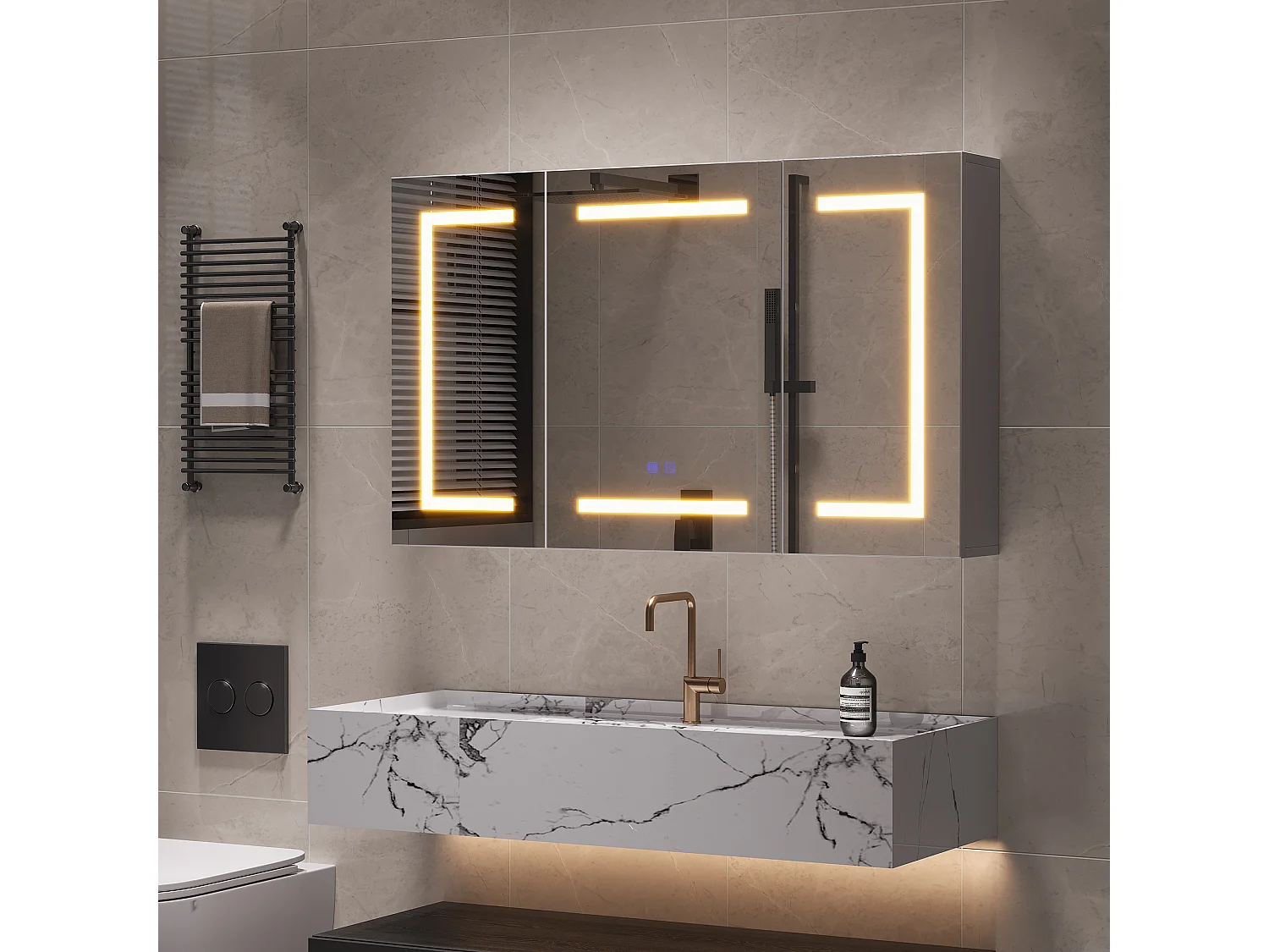 Badkamerspiegel met verlichting, badkamerspiegelkast met 3 deuren en verstelbare plank, 100x60x13cm, wit