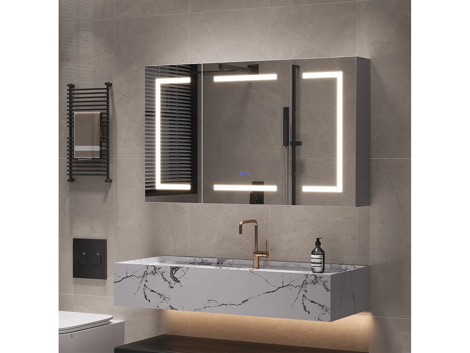 Badkamerspiegel met verlichting, badkamerspiegelkast met 3 deuren en verstelbare plank, 100x60x13cm, wit