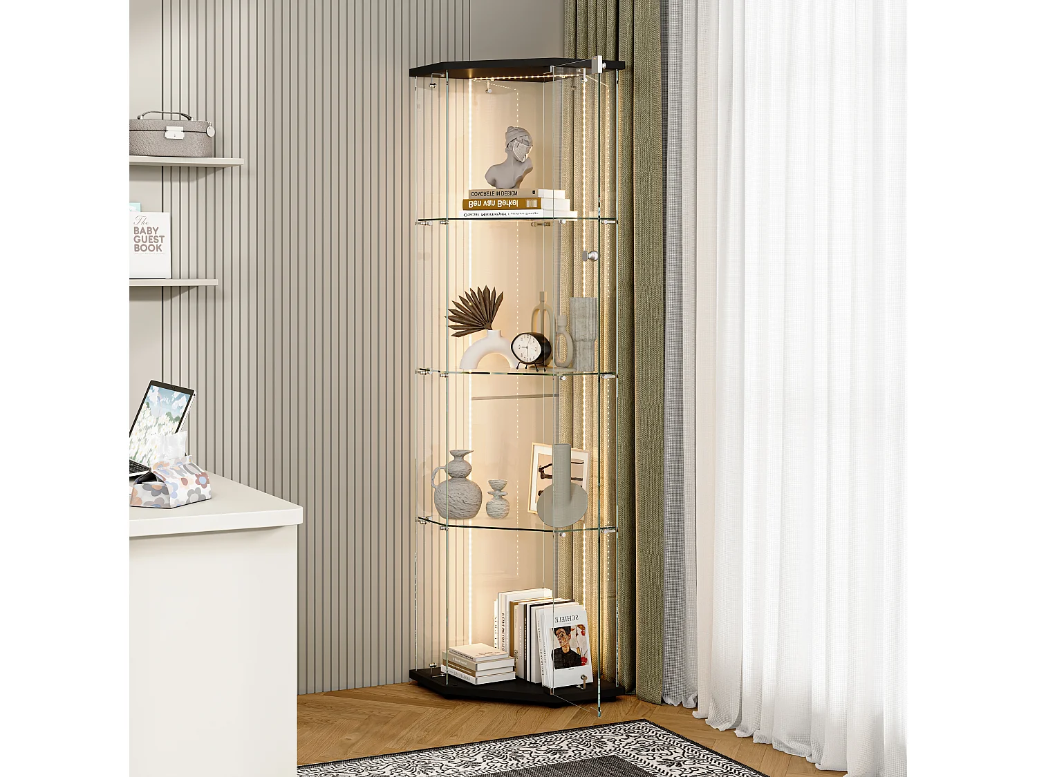 Vitrine sur pied en verre avec LED, vitrine en verre debout, 4 couches de verre et base en bois, noir