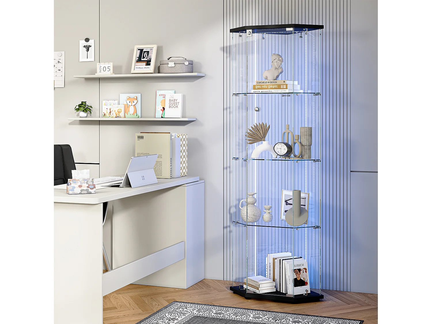 Vitrine sur pied en verre avec LED, vitrine en verre debout, 4 couches de verre et base en bois, noir