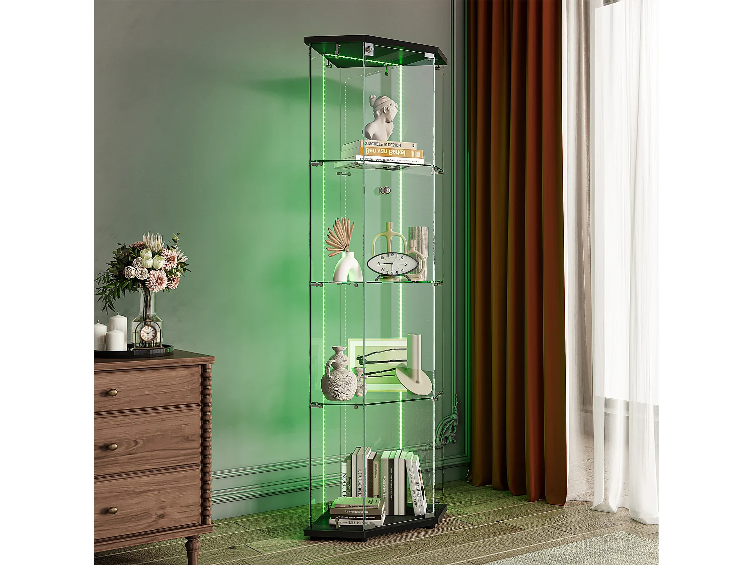 Vitrine sur pied en verre avec LED, vitrine en verre debout, 4 couches de verre et base en bois, noir