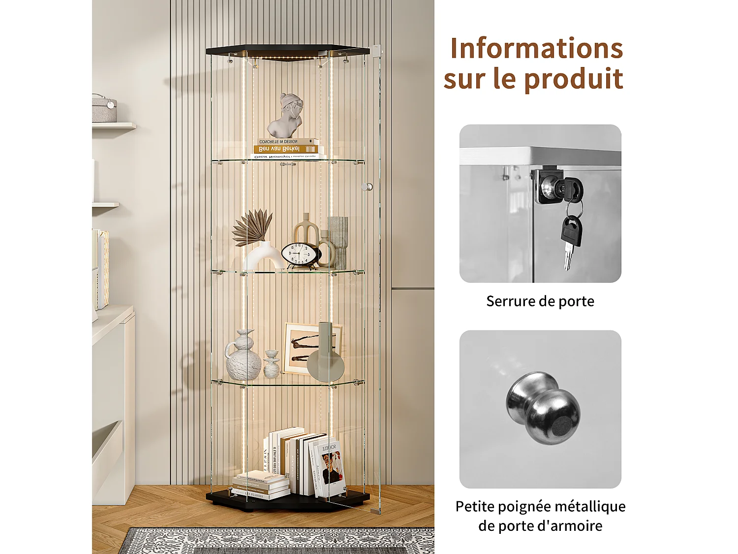 Vitrine sur pied en verre avec LED, vitrine en verre debout, 4 couches de verre et base en bois, noir