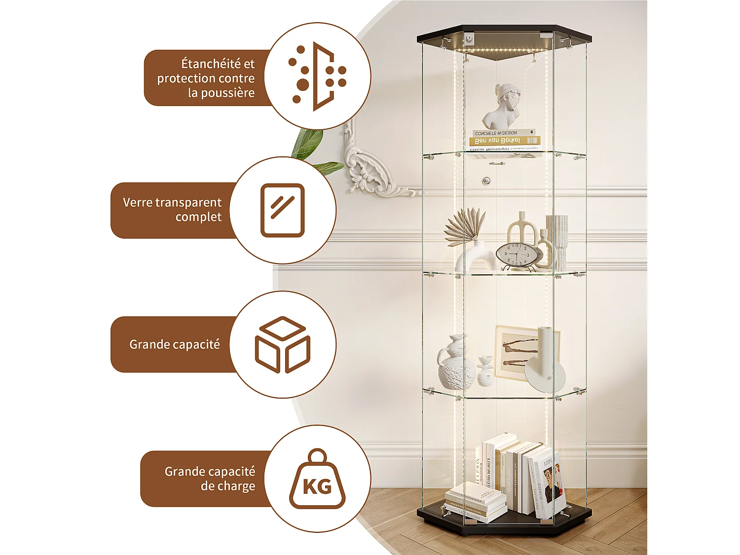 Vitrine sur pied en verre avec LED, vitrine en verre debout, 4 couches de verre et base en bois, noir