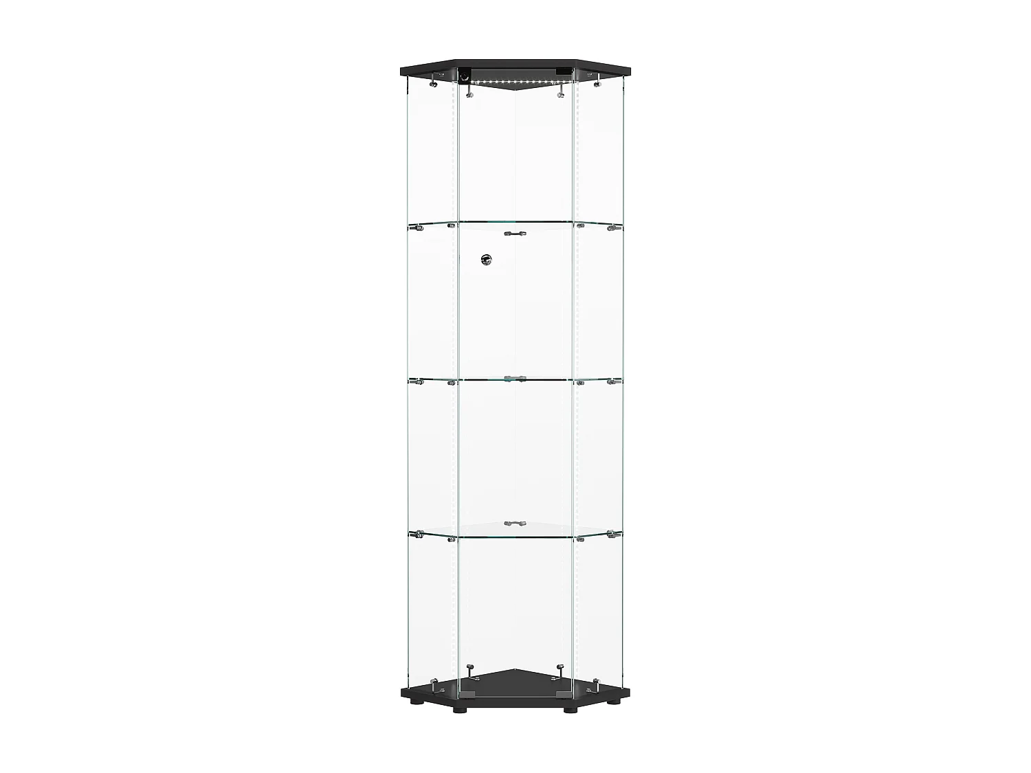 Vitrine sur pied en verre avec LED, vitrine en verre debout, 4 couches de verre et base en bois, noir