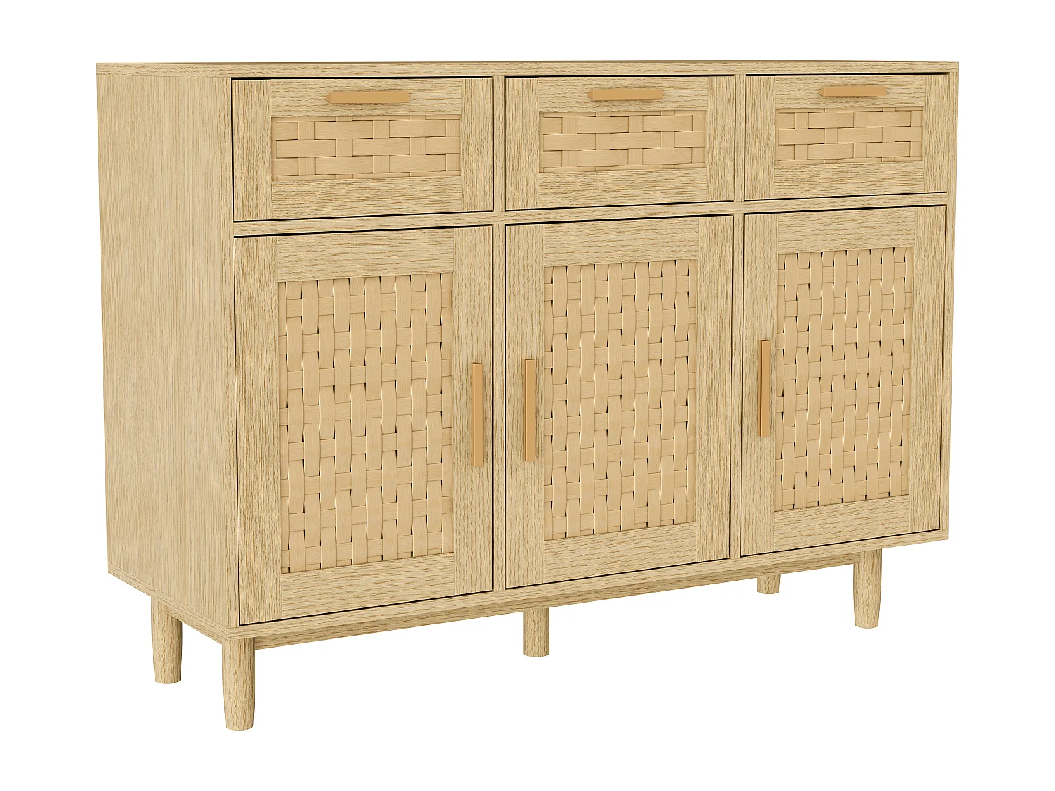 Buffet à 3 tiroirs et 3 Porte, Cadre en Bois, Commode en Rotin Buffet, 115x40x80 cm, Couleur chêne