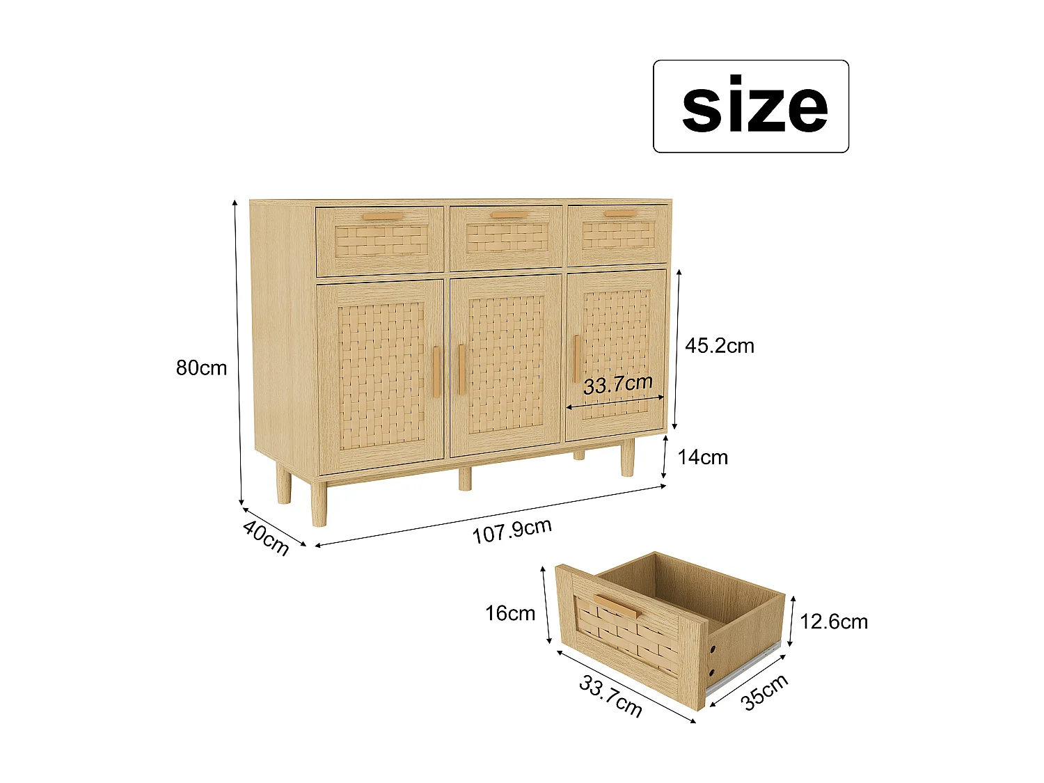 Buffet à 3 tiroirs et 3 Porte, Cadre en Bois, Commode en Rotin Buffet, 115x40x80 cm, Couleur chêne