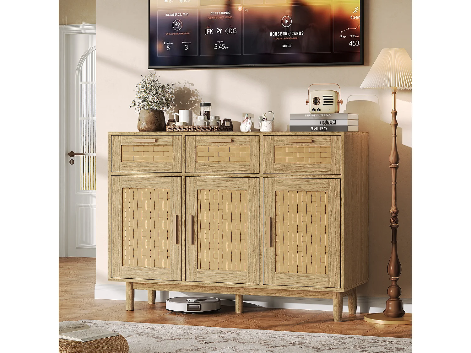 Buffet à 3 tiroirs et 3 Porte, Cadre en Bois, Commode en Rotin Buffet, 115x40x80 cm, Couleur chêne