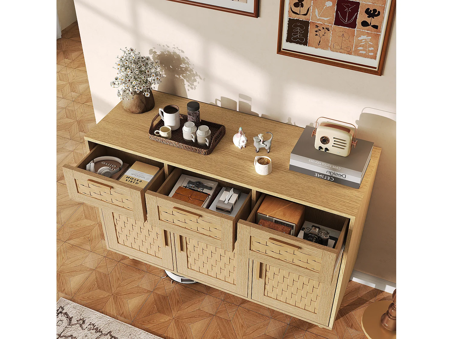 Buffet à 3 tiroirs et 3 Porte, Cadre en Bois, Commode en Rotin Buffet, 115x40x80 cm, Couleur chêne