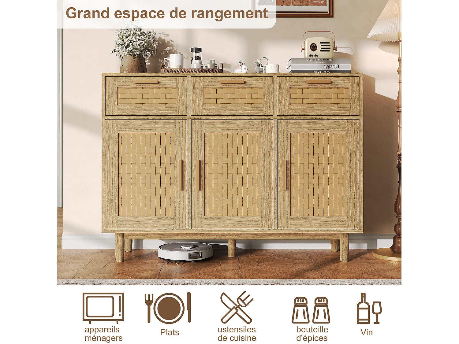 Buffet à 3 tiroirs et 3 Porte, Cadre en Bois, Commode en Rotin Buffet, 115x40x80 cm, Couleur chêne