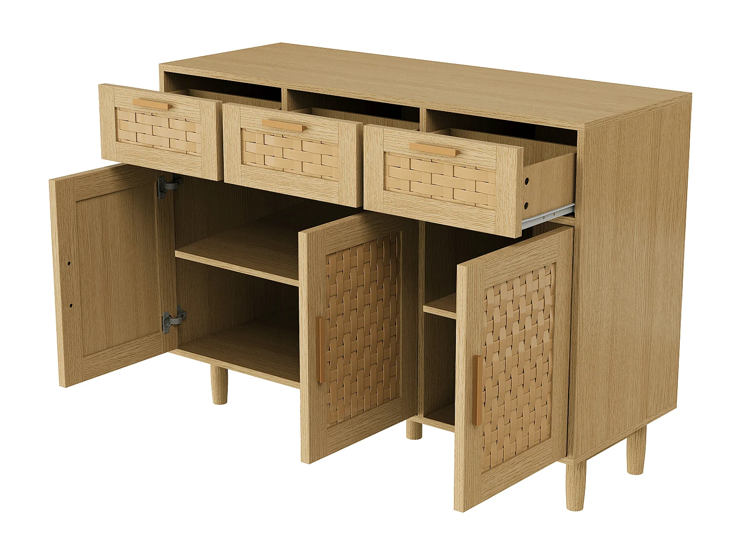Buffet à 3 tiroirs et 3 Porte, Cadre en Bois, Commode en Rotin Buffet, 115x40x80 cm, Couleur chêne