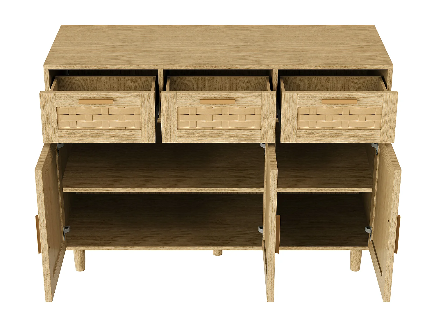 Buffet à 3 tiroirs et 3 Porte, Cadre en Bois, Commode en Rotin Buffet, 115x40x80 cm, Couleur chêne