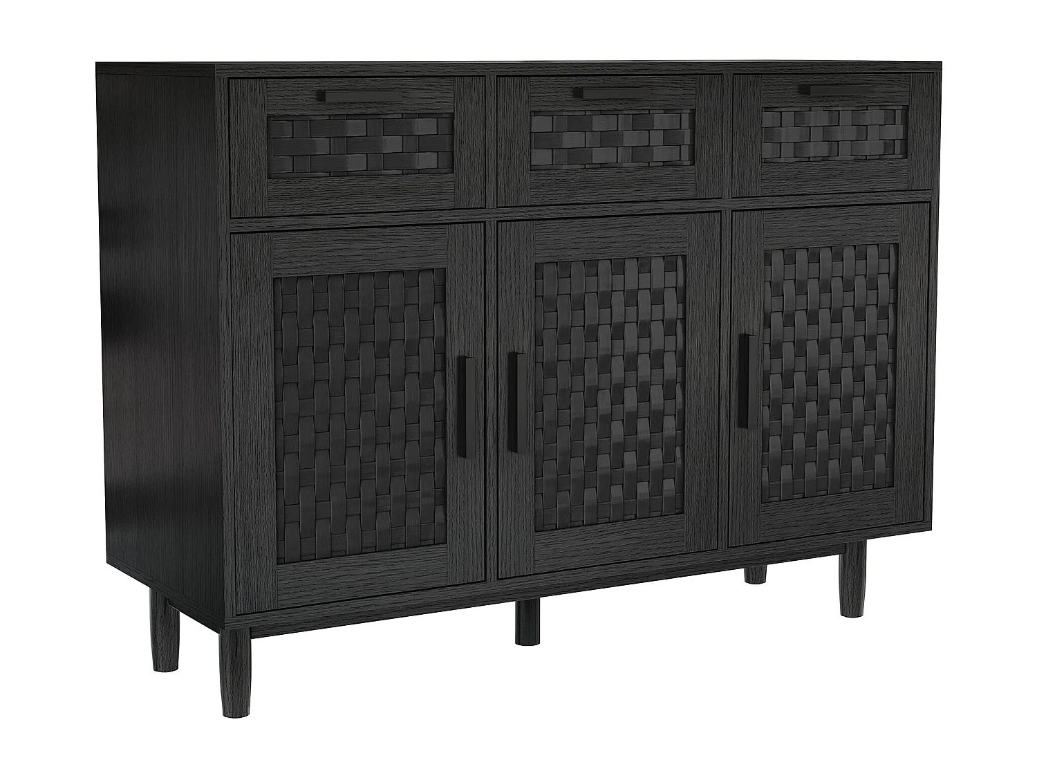 Buffet à 3 tiroirs et 3 Porte, Cadre en Bois, Commode en Rotin Buffet, 115x40x80 cm, Noir
