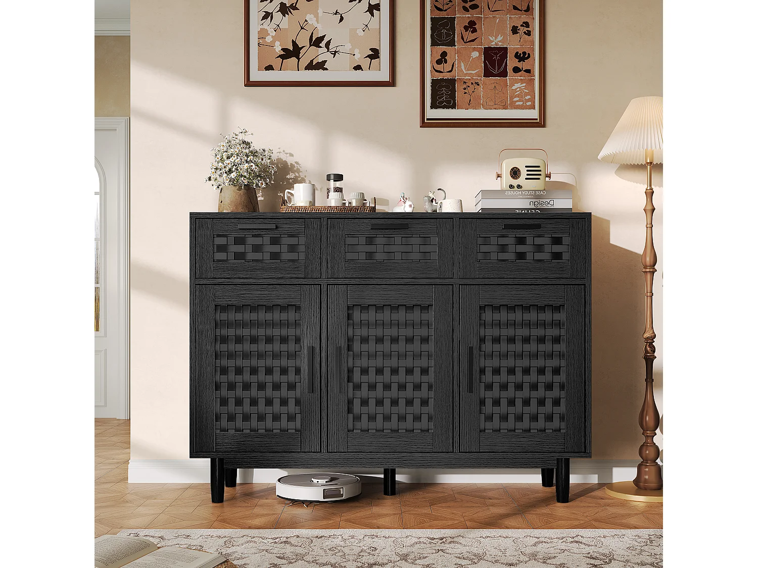 Buffet à 3 tiroirs et 3 Porte, Cadre en Bois, Commode en Rotin Buffet, 115x40x80 cm, Noir