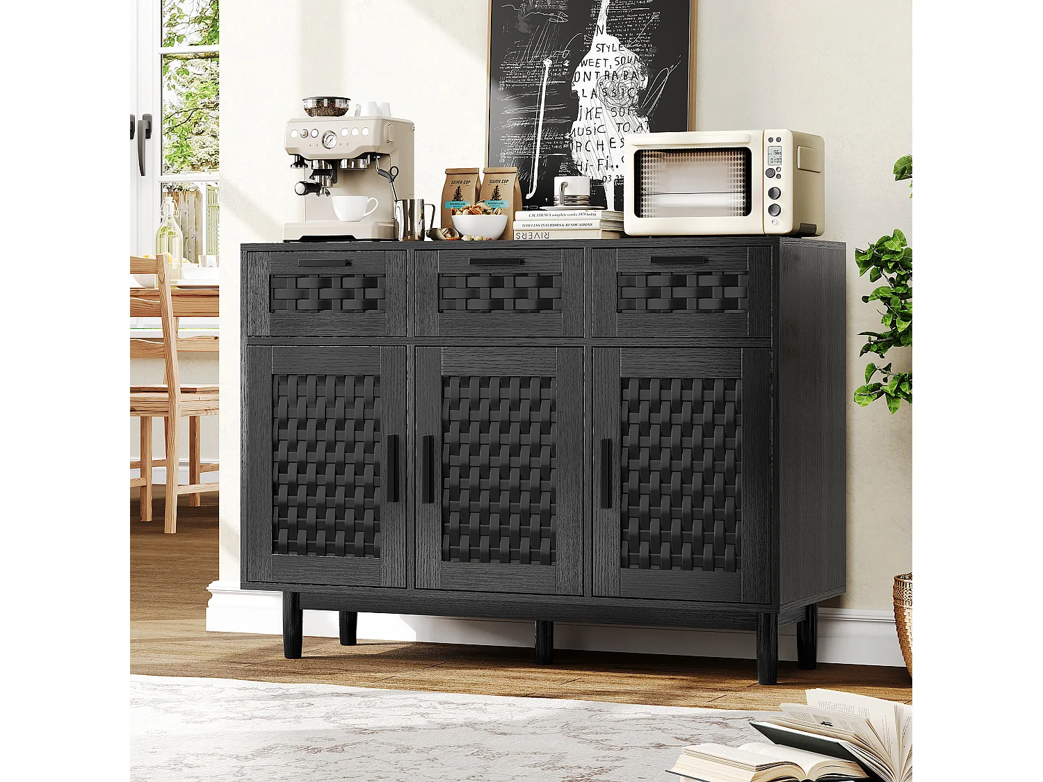 Buffet à 3 tiroirs et 3 Porte, Cadre en Bois, Commode en Rotin Buffet, 115x40x80 cm, Noir