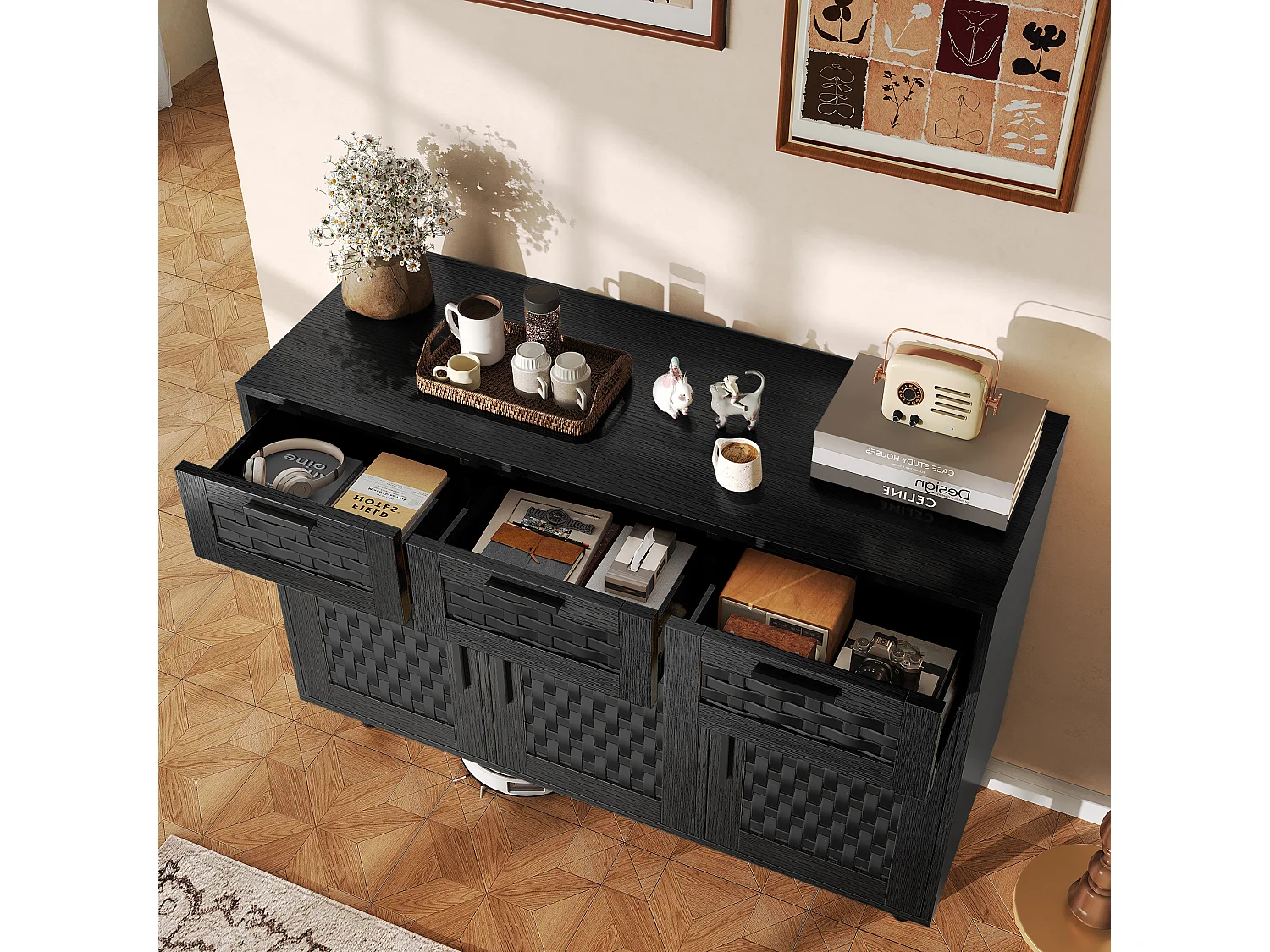 Buffet à 3 tiroirs et 3 Porte, Cadre en Bois, Commode en Rotin Buffet, 115x40x80 cm, Noir